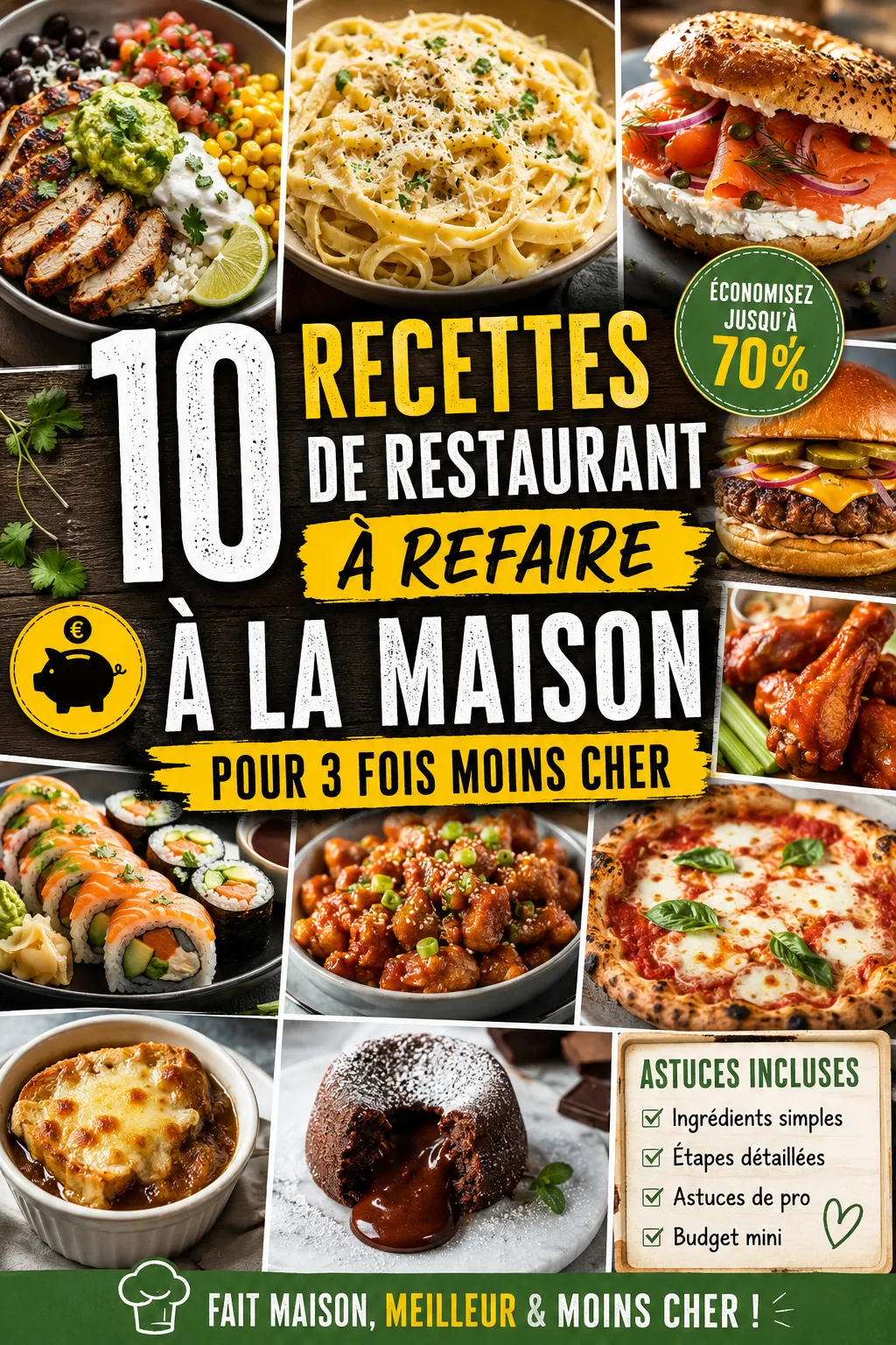 10 recettes cultes de restaurant (Chipotle, Olive Garden, sushis, pizza napolitaine...) à refaire maison, 3 fois moins chères, avec astuces et étapes simples.