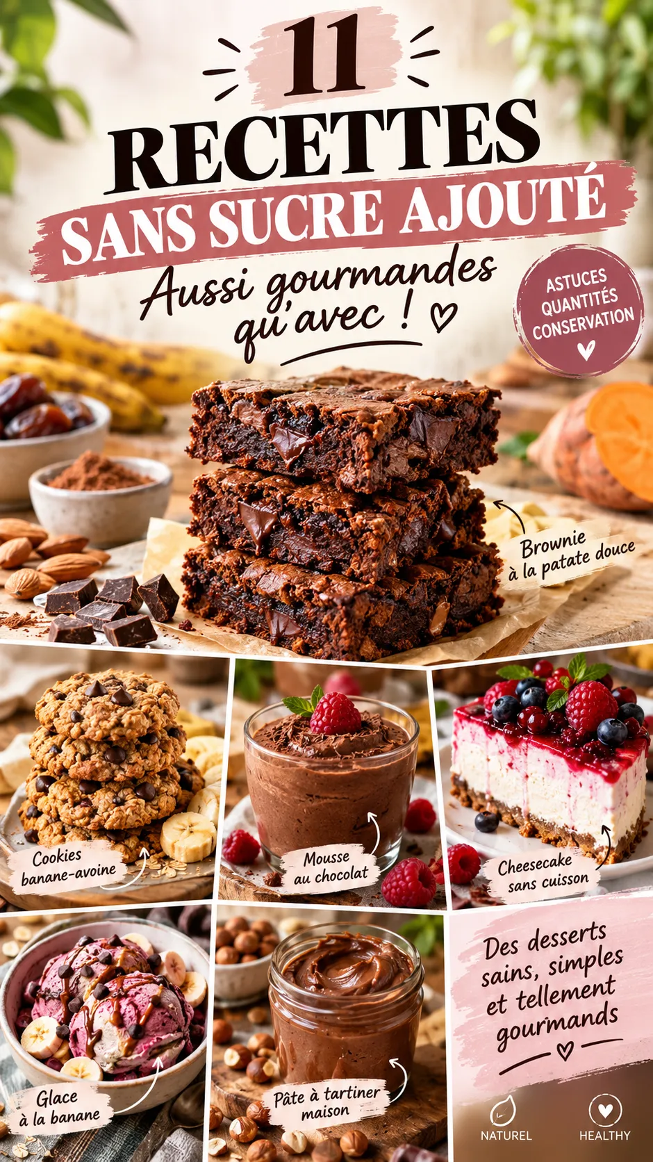 11 recettes sans sucre ajouté aussi gourmandes qu'avec : brownie, cookies, cheesecake