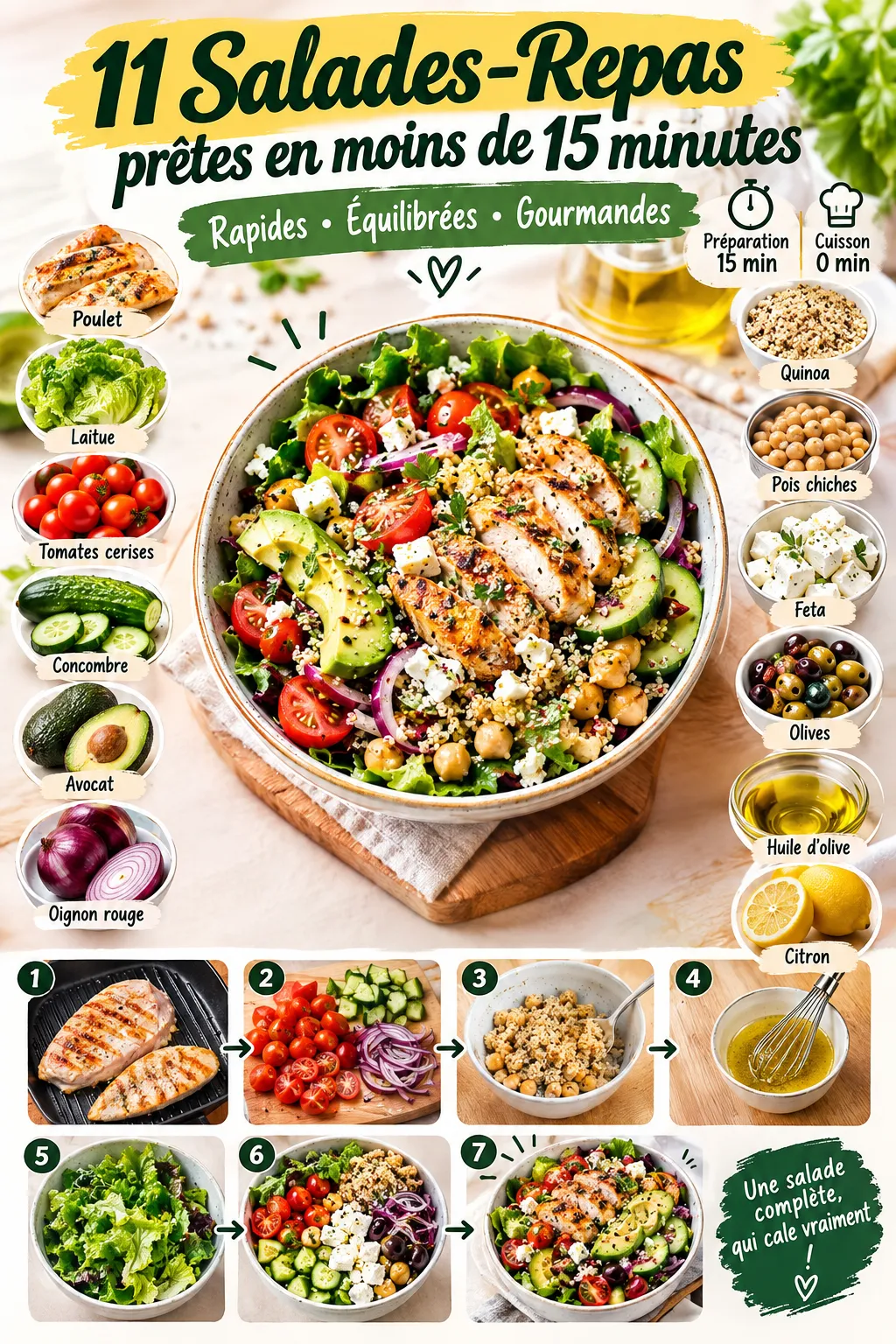 11 salades repas prêtes en moins de 15 minutes (rapides et rassasiantes)