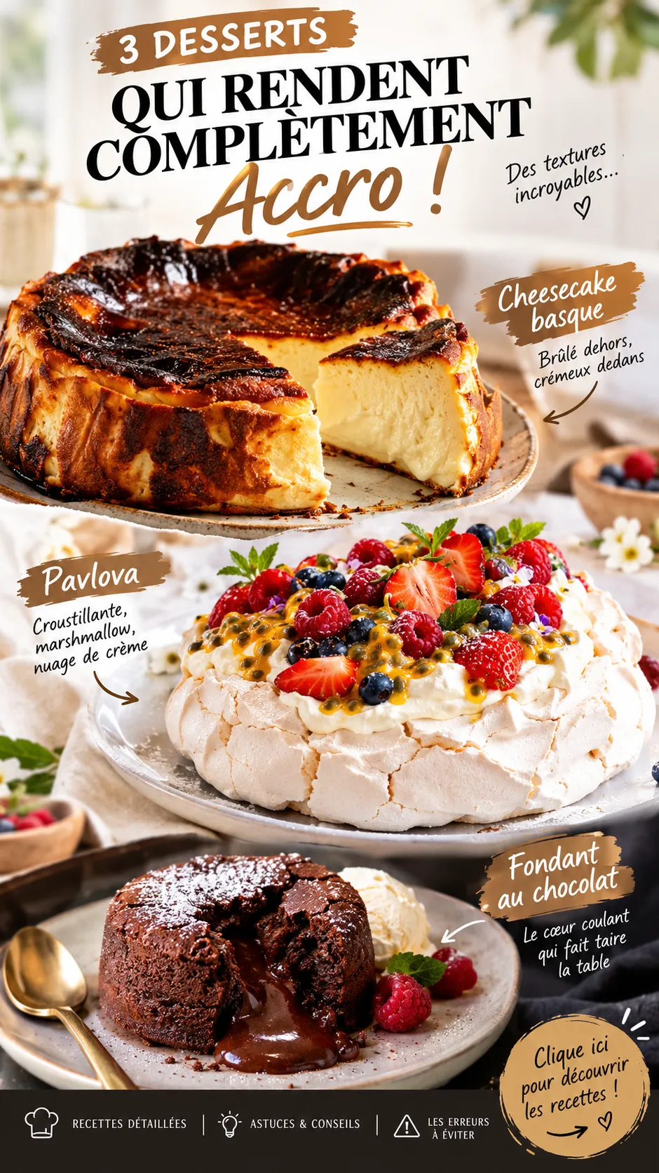 3 desserts dont la texture rend complètement accro : cheesecake basque, pavlova et fondant