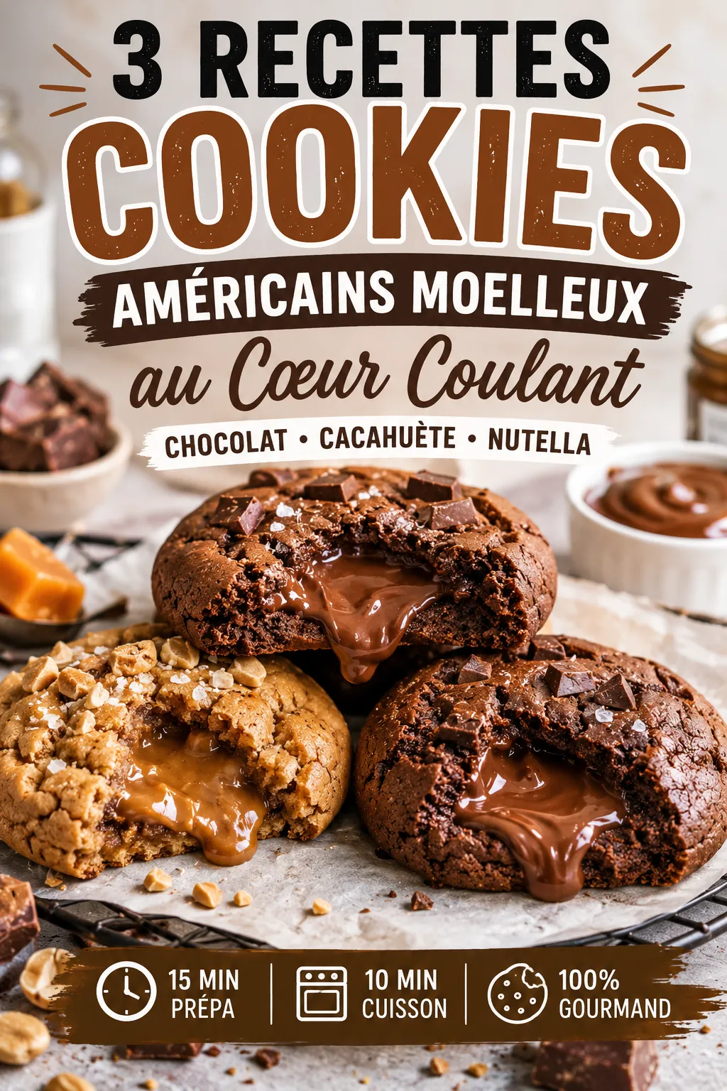 3 Recettes De Cookies Américains Moelleux Au Cœur Coulant (Chocolat, Cacahuète, Nutella)