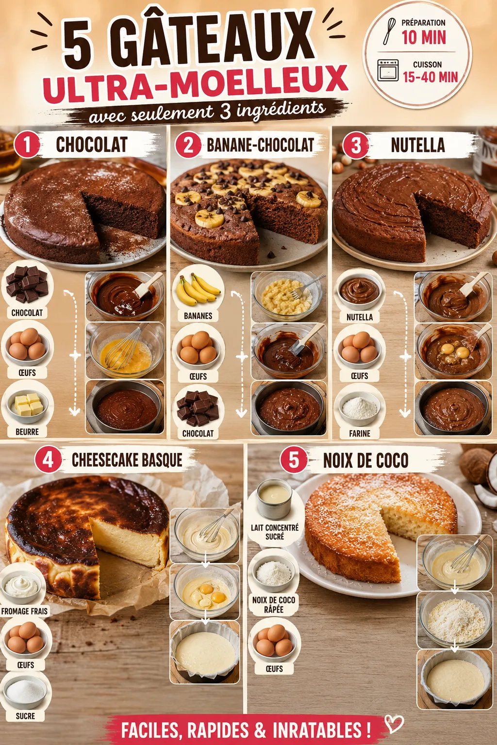 5 Gâteaux Ultra-Moelleux avec Seulement 3 Ingrédients (Recettes Faciles et Rapides)