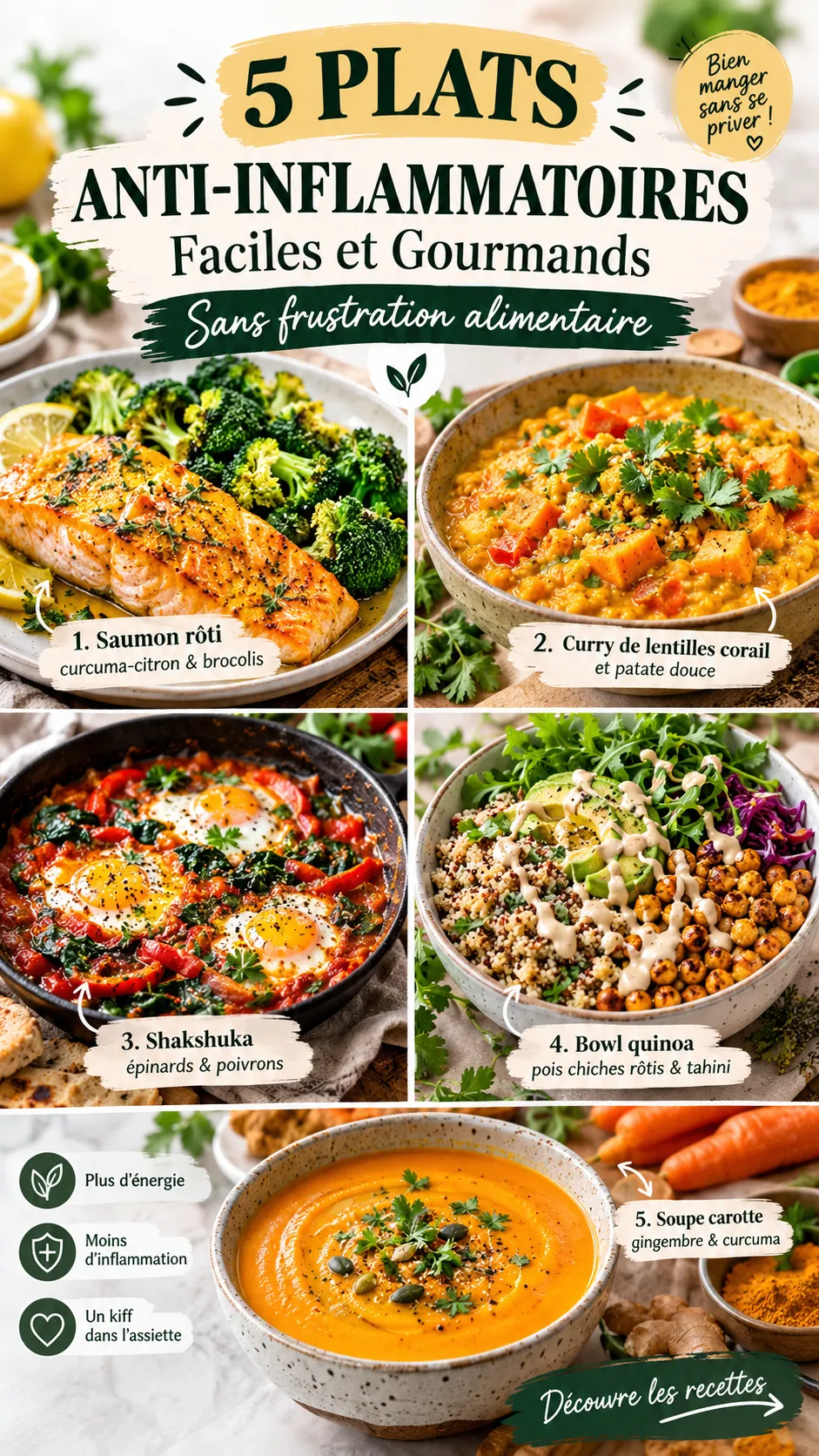 5 plats anti-inflammatoires faciles et gourmands, sans frustration alimentaire