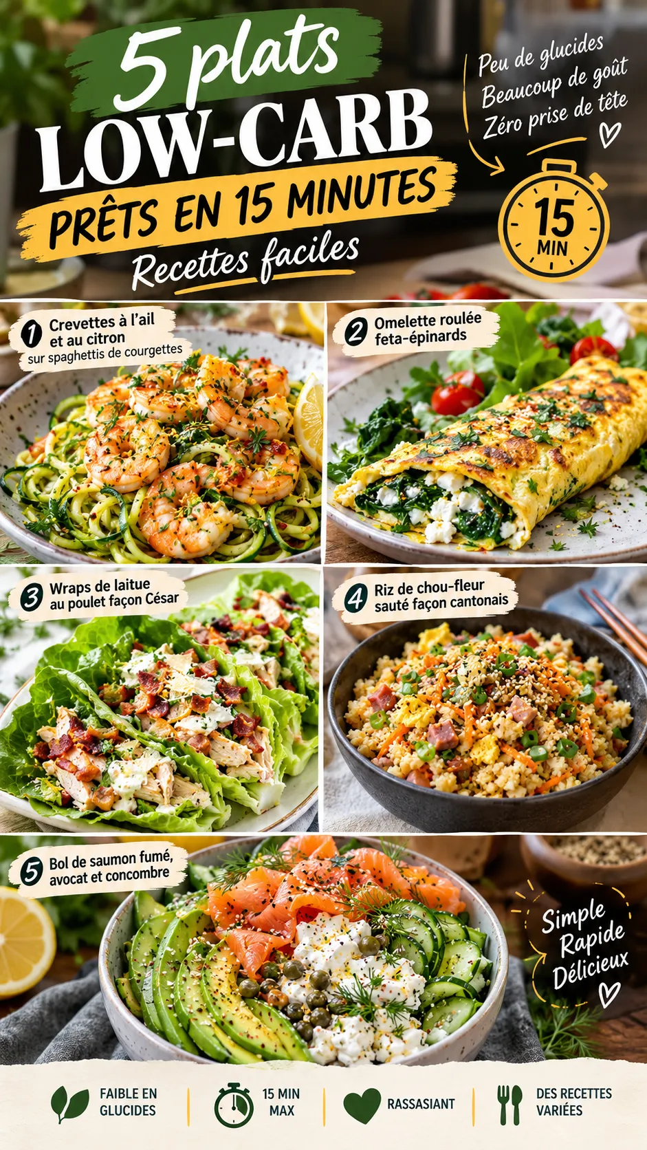 5 plats low-carb en 15 minutes chrono : recettes faciles