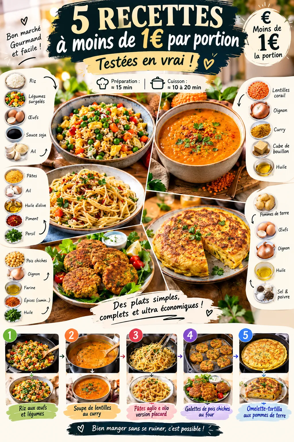 5 recettes à moins de 1€ par portion, testées en vrai