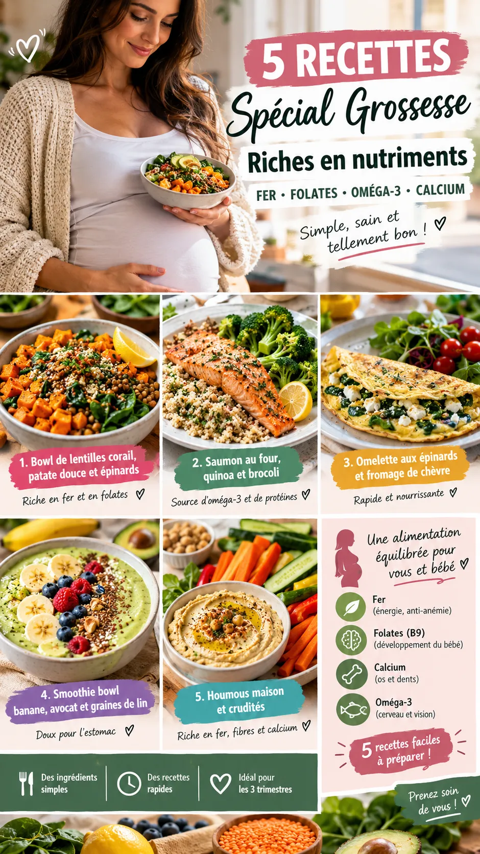 5 recettes grossesse riches en nutriments : fer, folates, oméga-3 et calcium