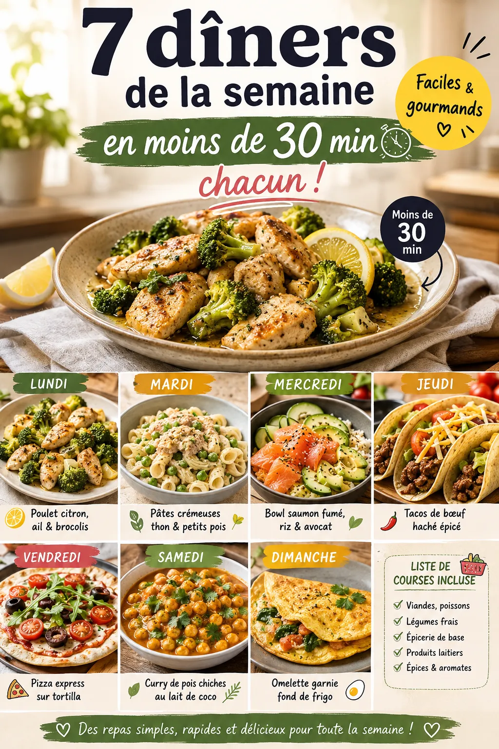 7 dîners de la semaine en moins de 30 min chacun (faciles et gourmands)