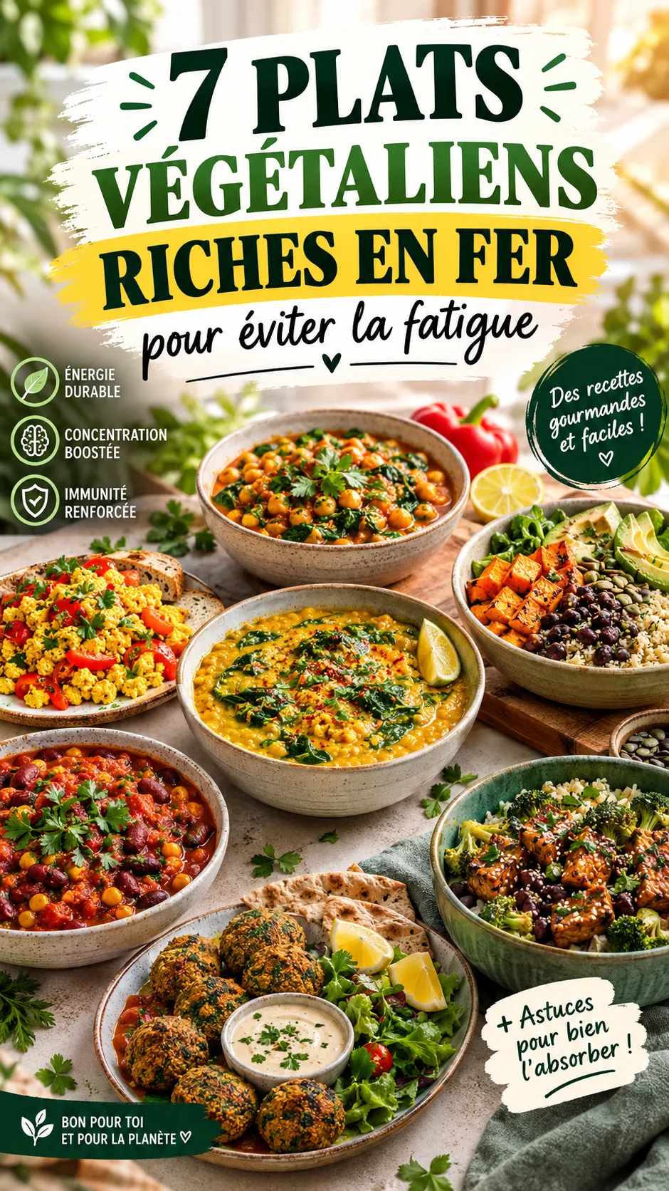 7 plats végétaliens riches en fer pour éviter la fatigue