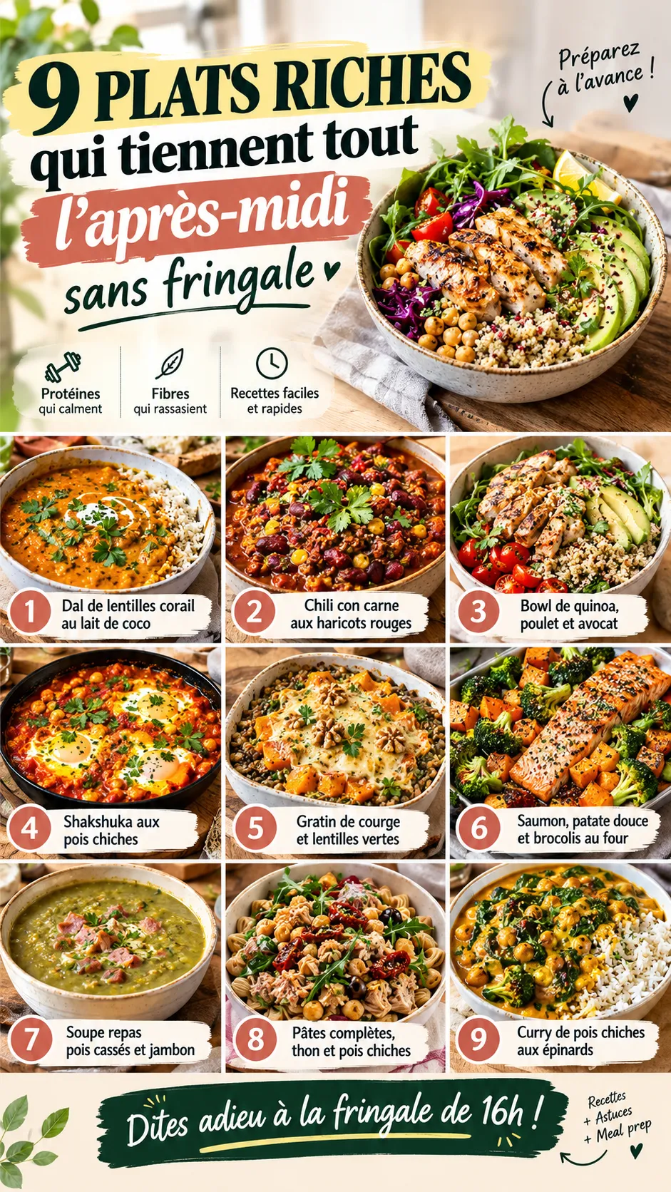 9 plats riches qui tiennent tout l'après-midi sans fringale