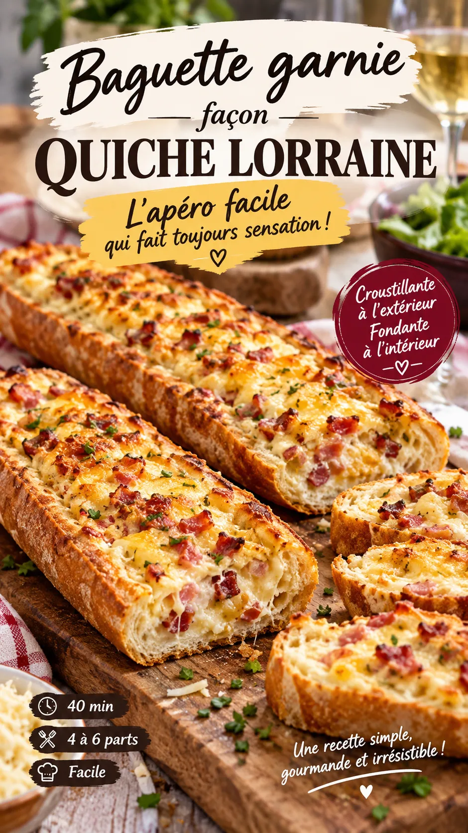 Baguette garnie façon quiche lorraine — l'apéro facile qui fait toujours sensation