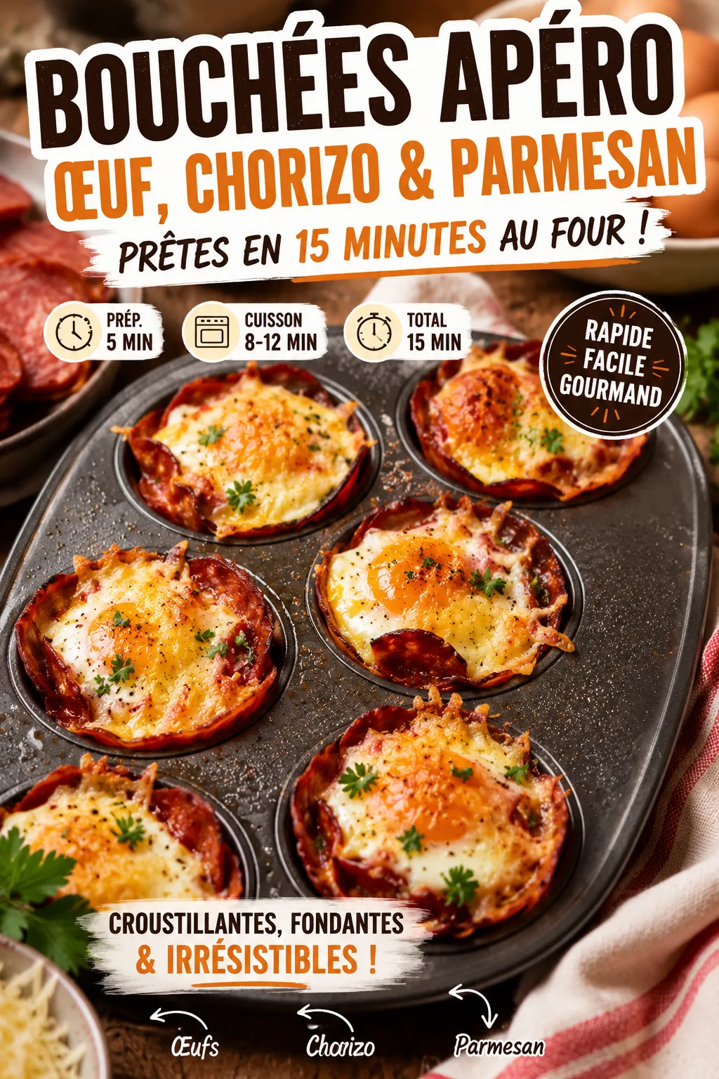 Bouchées apéro œuf, chorizo et parmesan — prêtes en 15 minutes au four