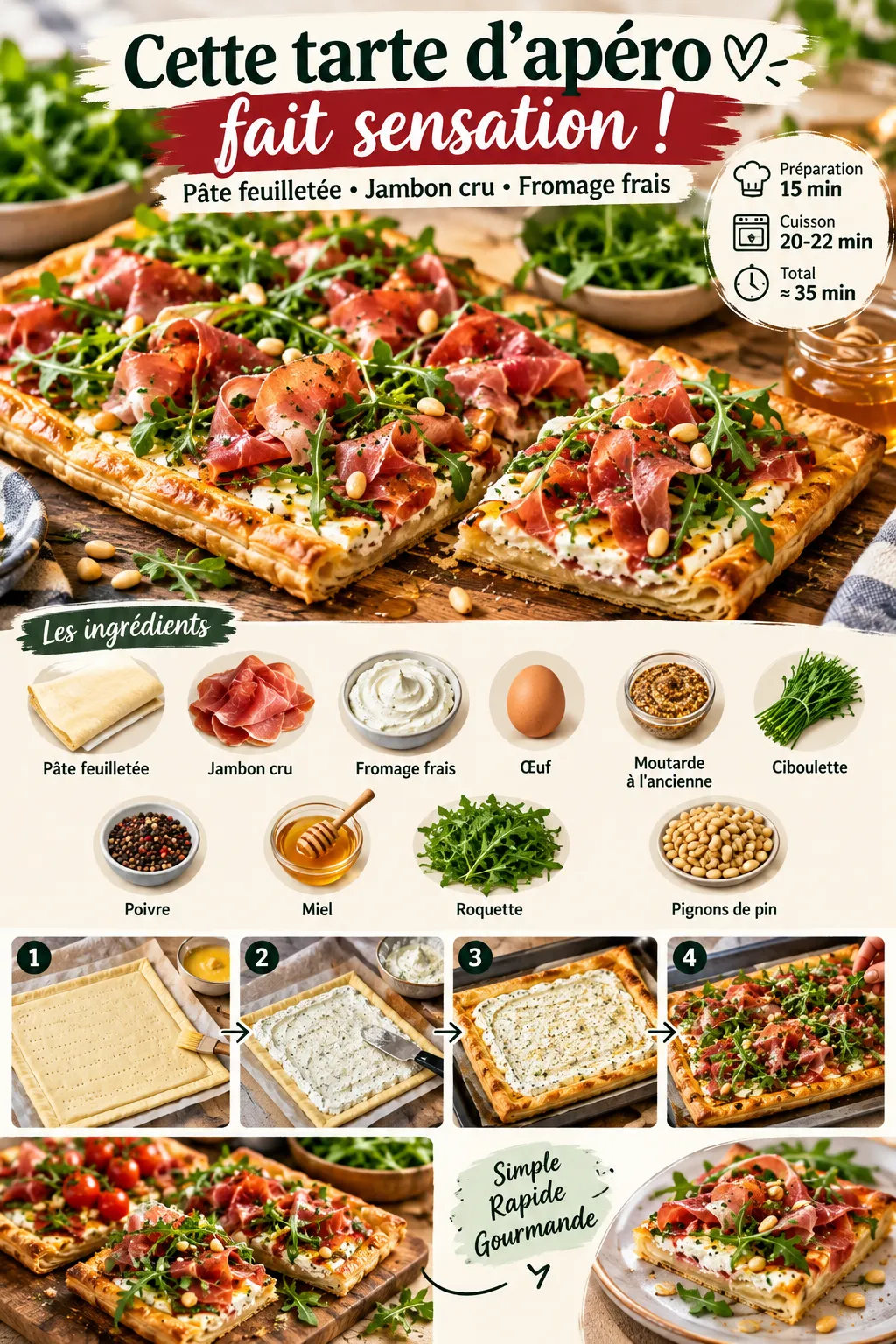« C'est mieux qu'un plateau de traiteur » : cette tarte d'apéro à la pâte feuilletée, jambon cru et fromage frais fait sensation