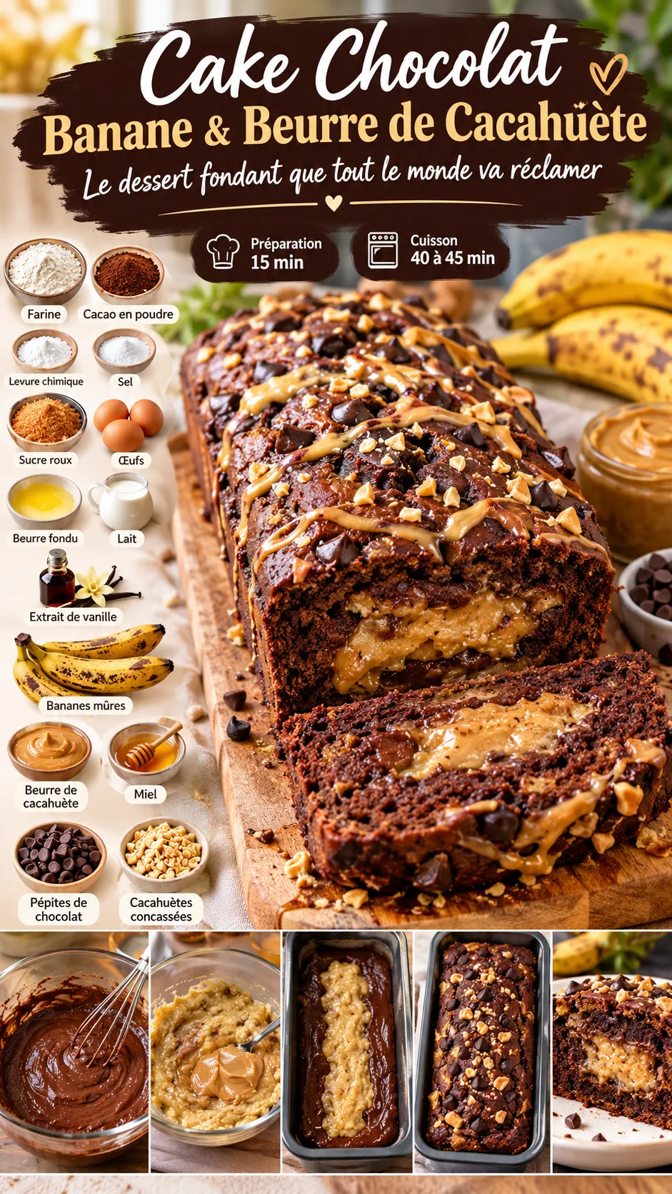 Cake chocolat, beurre de cacahuète et cœur banane — le dessert fondant que tout le monde va réclamer