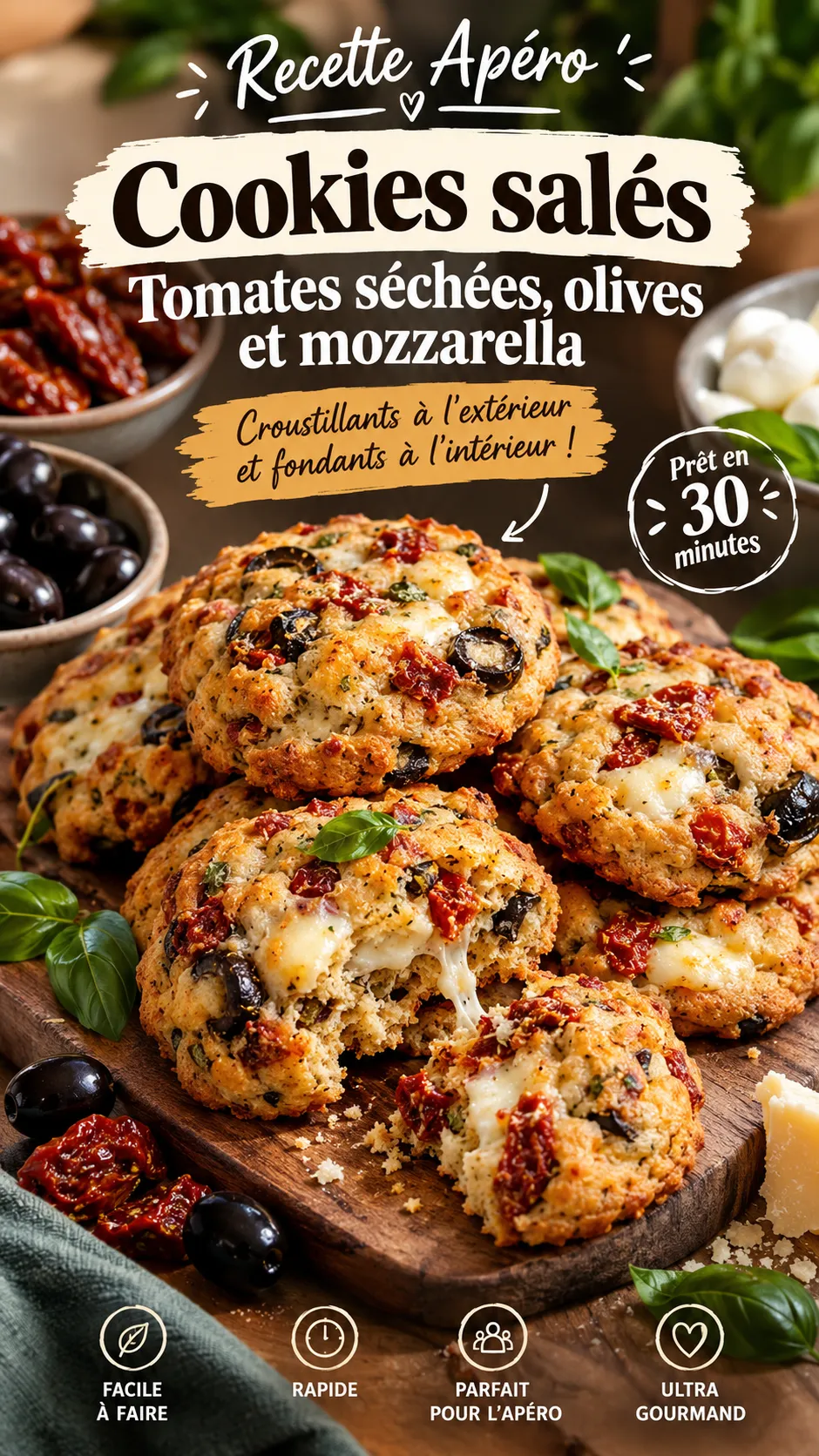 Cookies salés aux tomates séchées, olives et mozzarella — la version apéro pleine de caractère