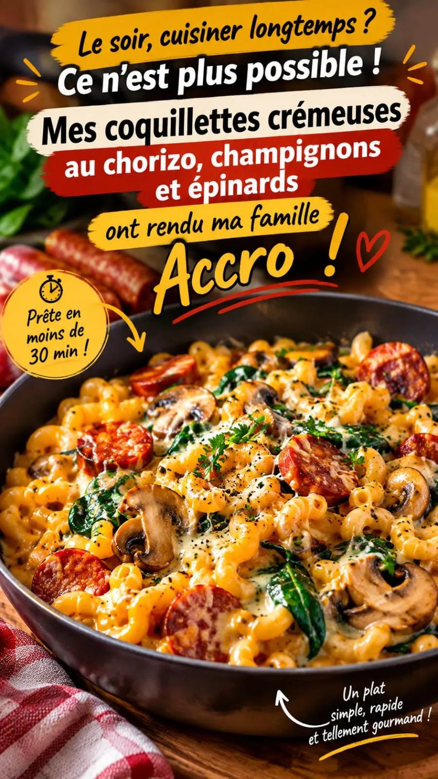 Coquillettes crémeuses au chorizo, champignons et épinards : le dîner express qui rend toute la famille accro