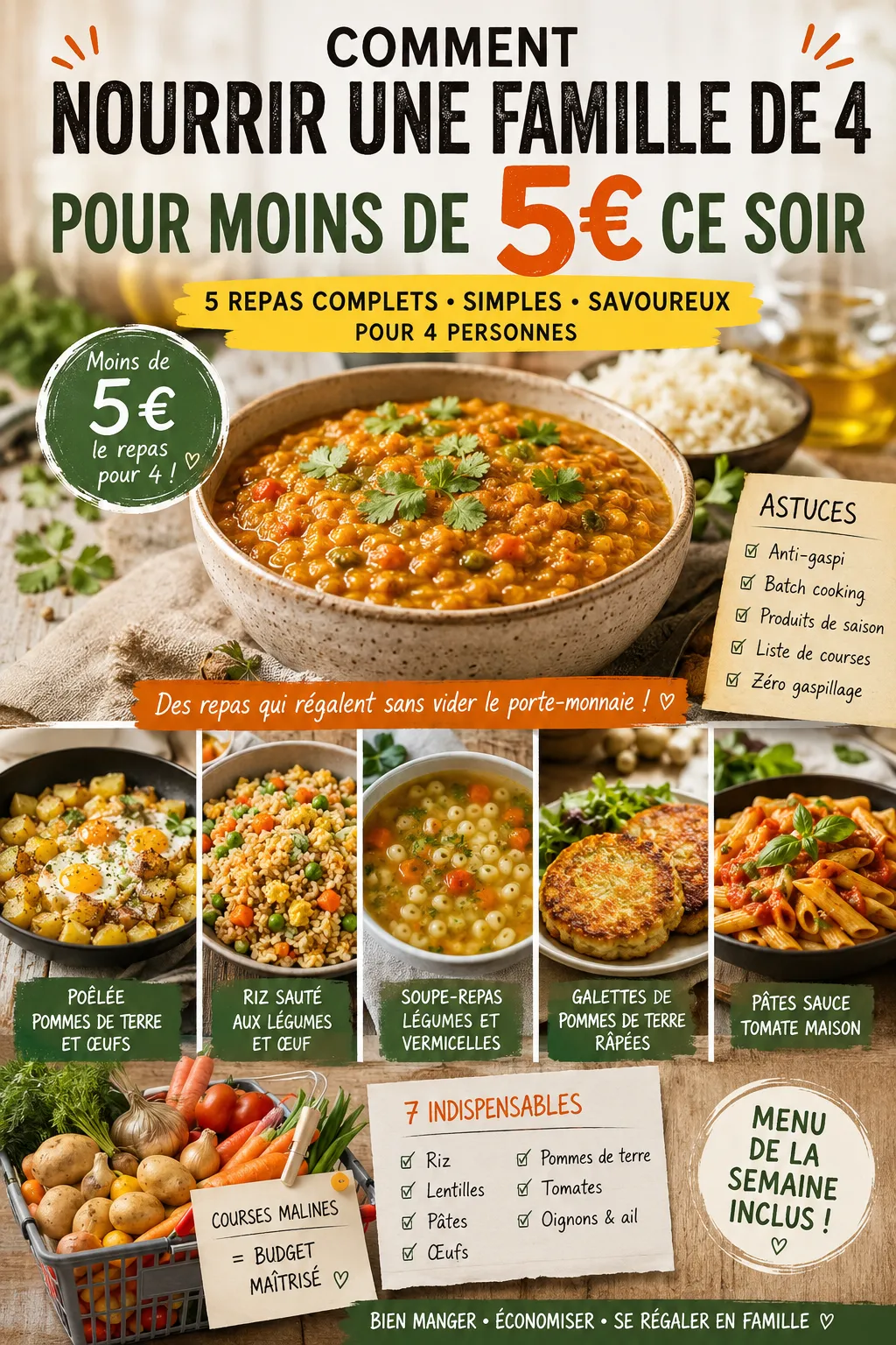 Découvrez 5 repas complets et savoureux pour nourrir 4 personnes à moins de 5€, plus des astuces anti-gaspi et un menu de la semaine à petit budget.