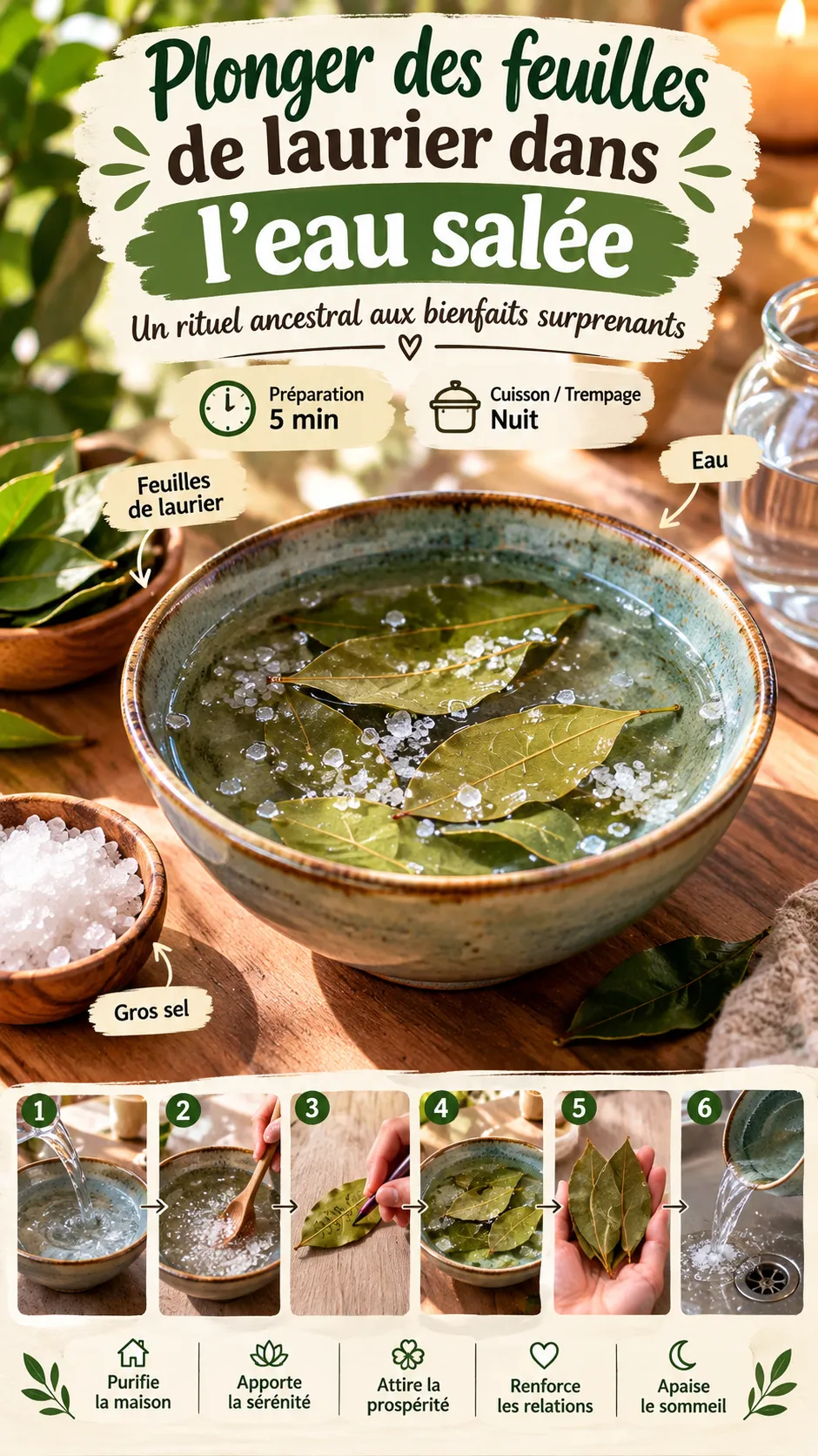 Plonger des feuilles de laurier dans l'eau salée : signification, bienfaits et rituel complet
