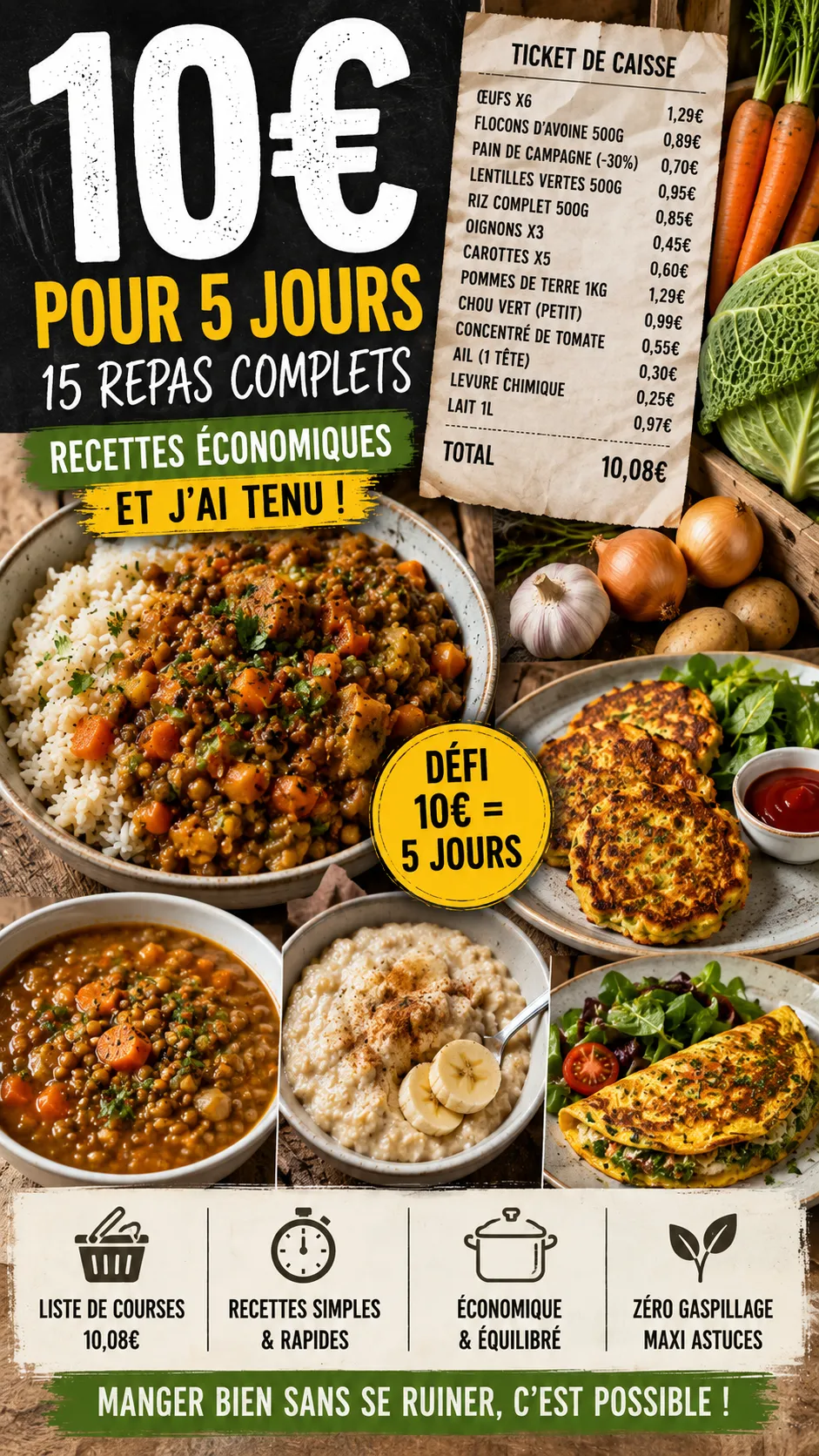 J'ai cuisiné avec seulement 10€ pendant 5 jours — voici mes recettes (et j'ai tenu)