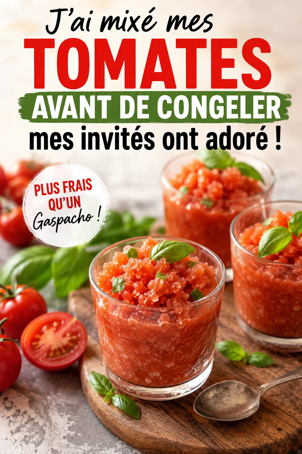 J'ai mixé mes tomates avant de congeler, juste pour tester : mes invités ont trouvé ça plus frais qu'un gaspacho