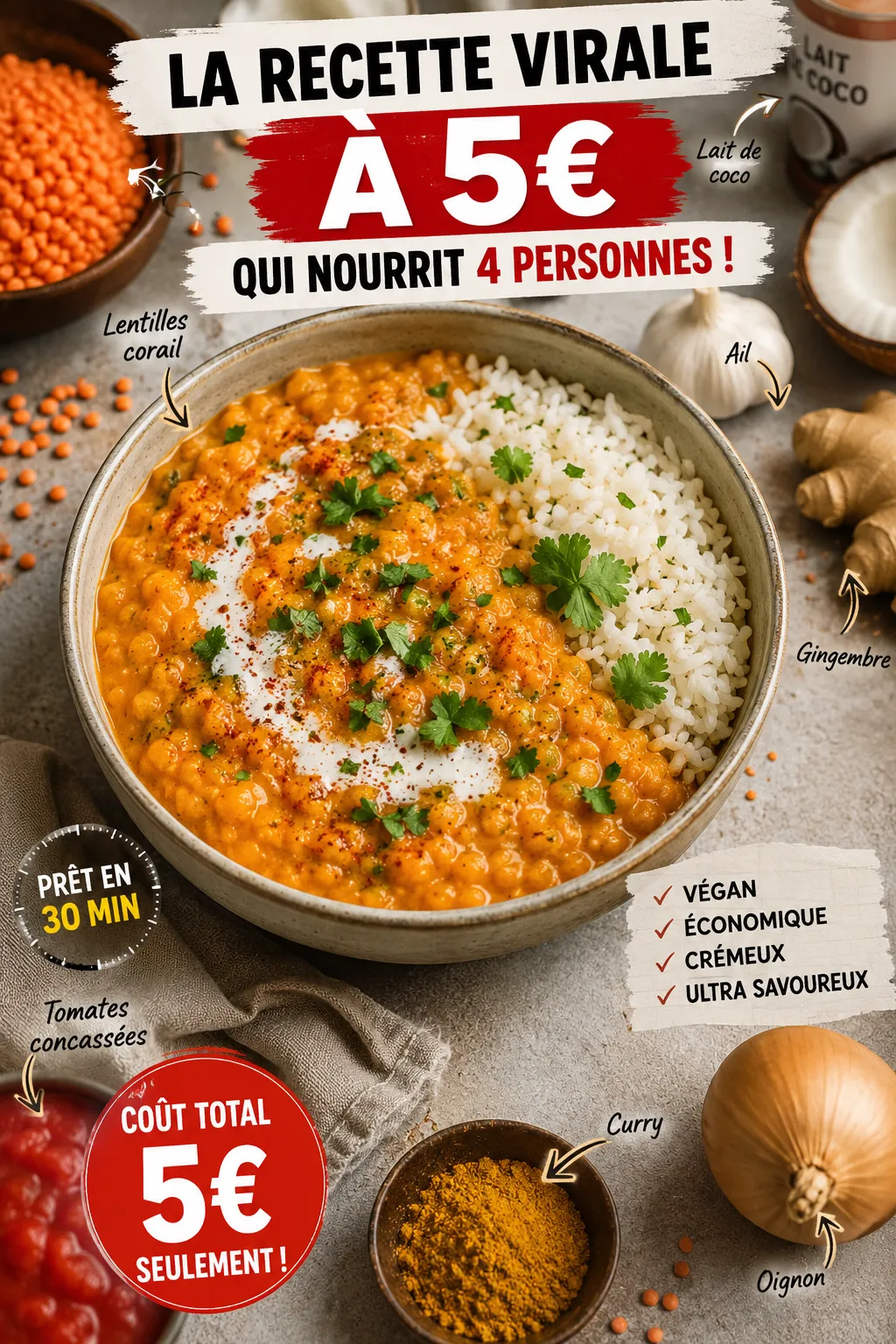 La Recette Virale à 5€ qui Nourrit 4 Personnes (Dahl de Lentilles Corail)