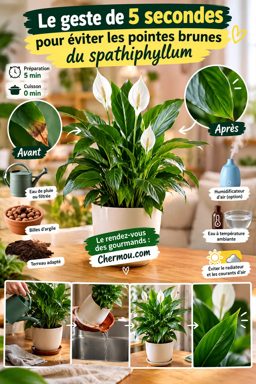 Le geste de 5 secondes à faire en automne pour éviter les pointes brunes du spathiphyllum