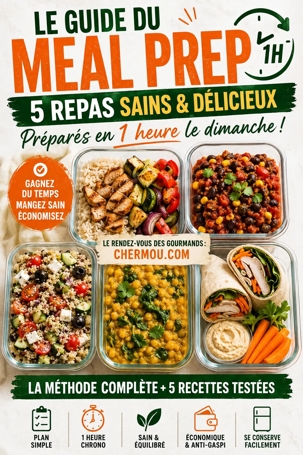 Le guide du meal prep : 5 repas sains et délicieux préparés en 1 heure le dimanche