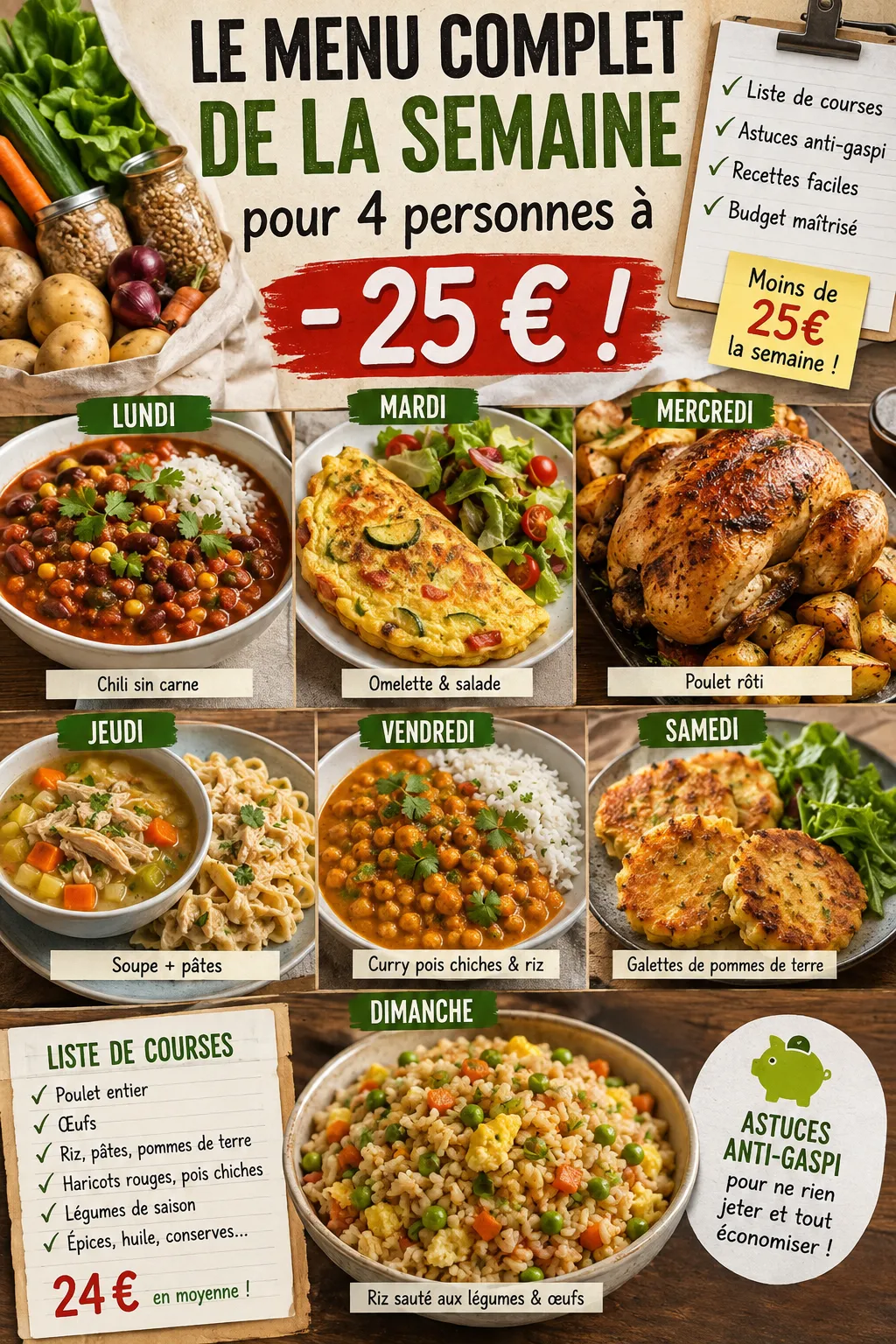 Le menu complet de la semaine pour 4 personnes à moins de 25 €