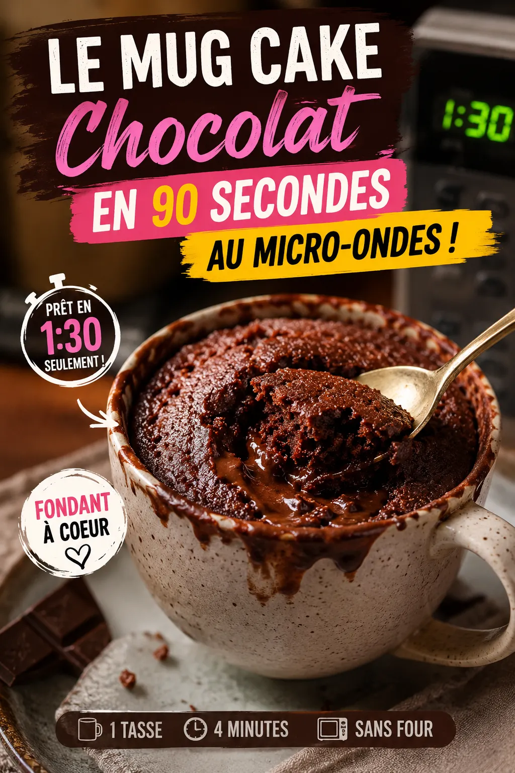 Le mug cake au chocolat en 90 secondes au micro-ondes — le dessert d'urgence ultime