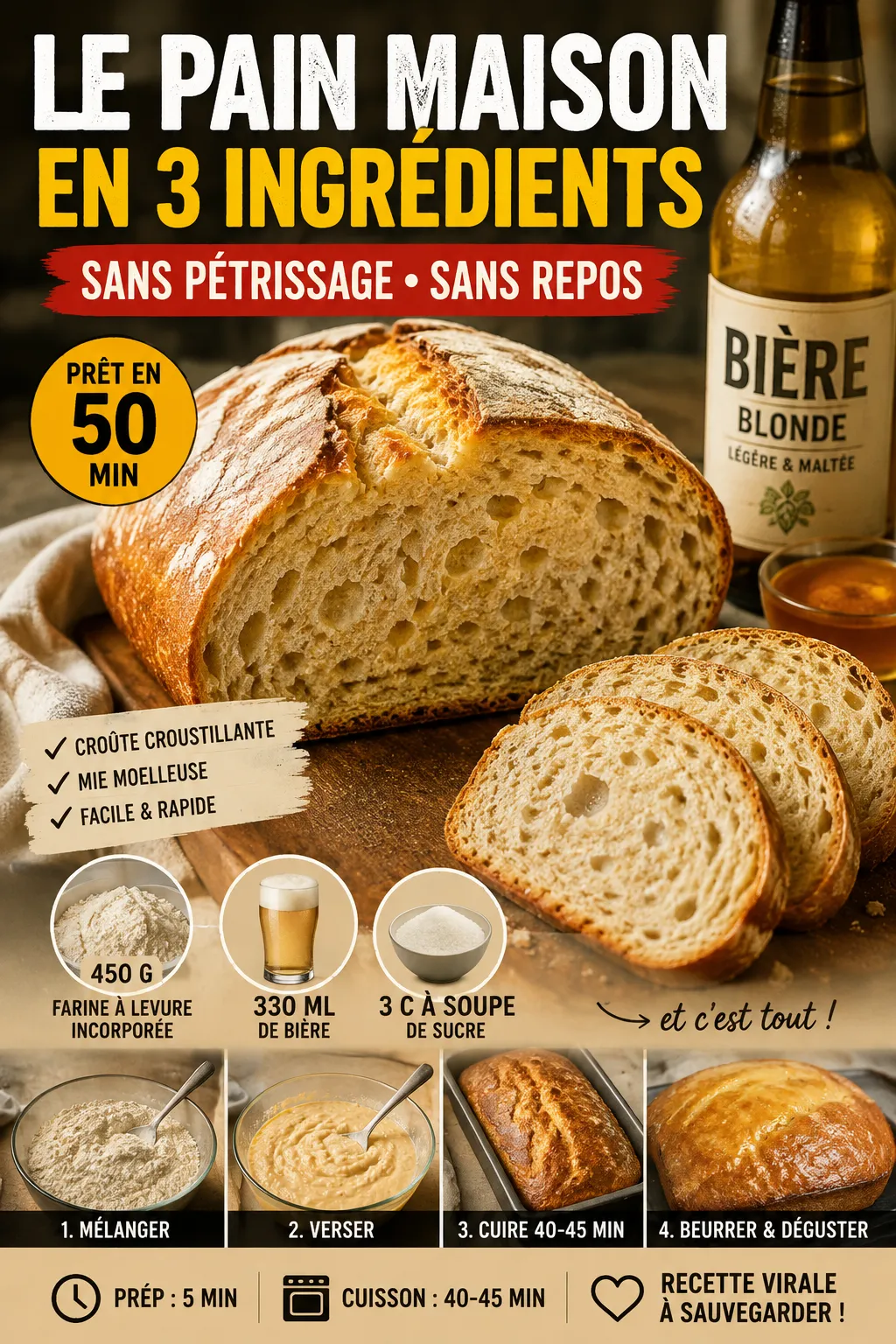 Le Pain Maison En 3 Ingrédients Sans Pétrissage Ni Temps De Pause