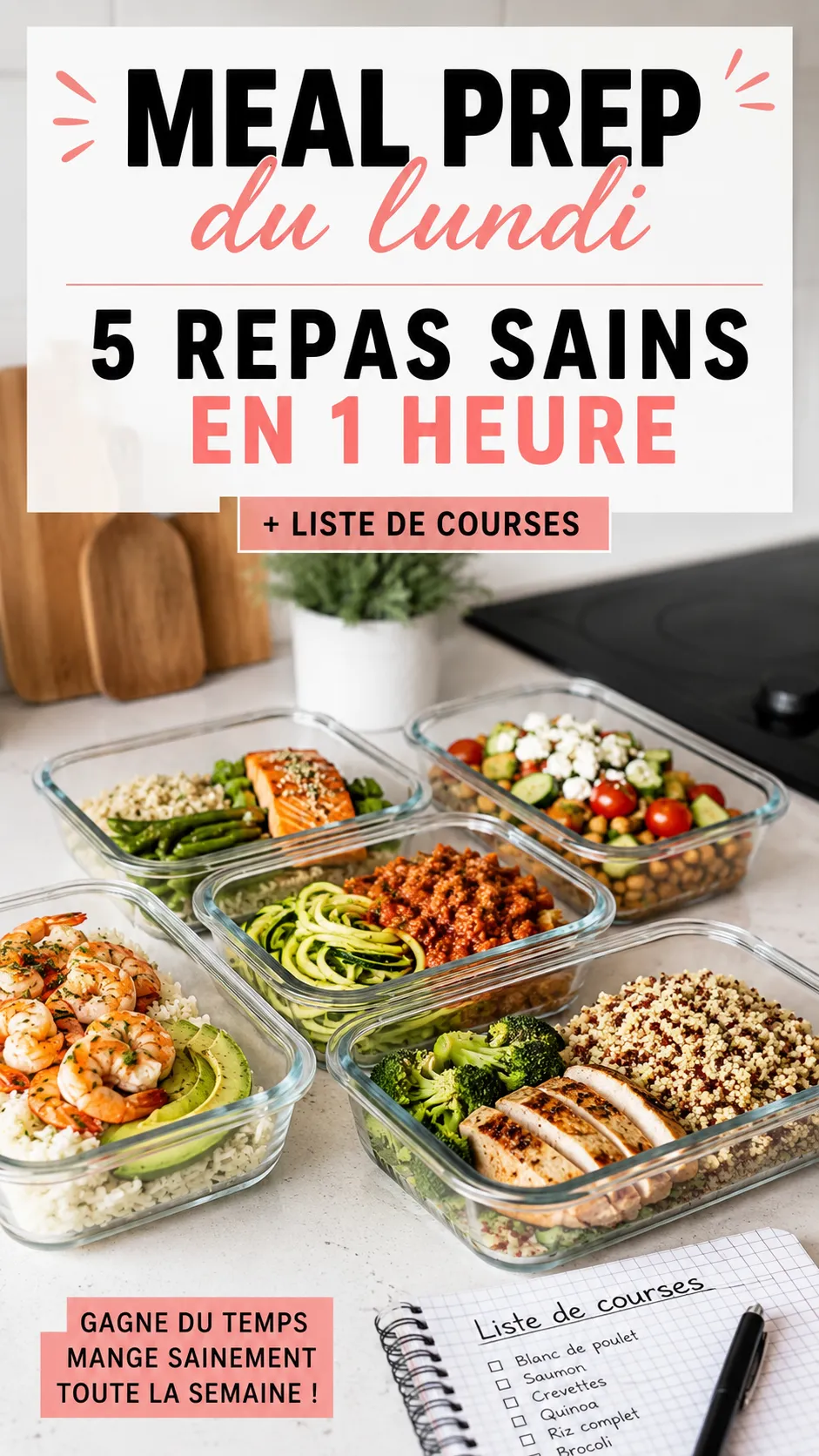 Meal prep du lundi : 5 repas sains en 1 heure (avec liste de courses)