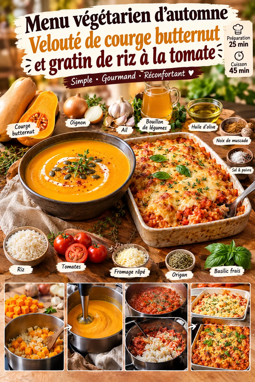 Menu végétarien d'automne : velouté de courge butternut et gratin de riz à la tomate