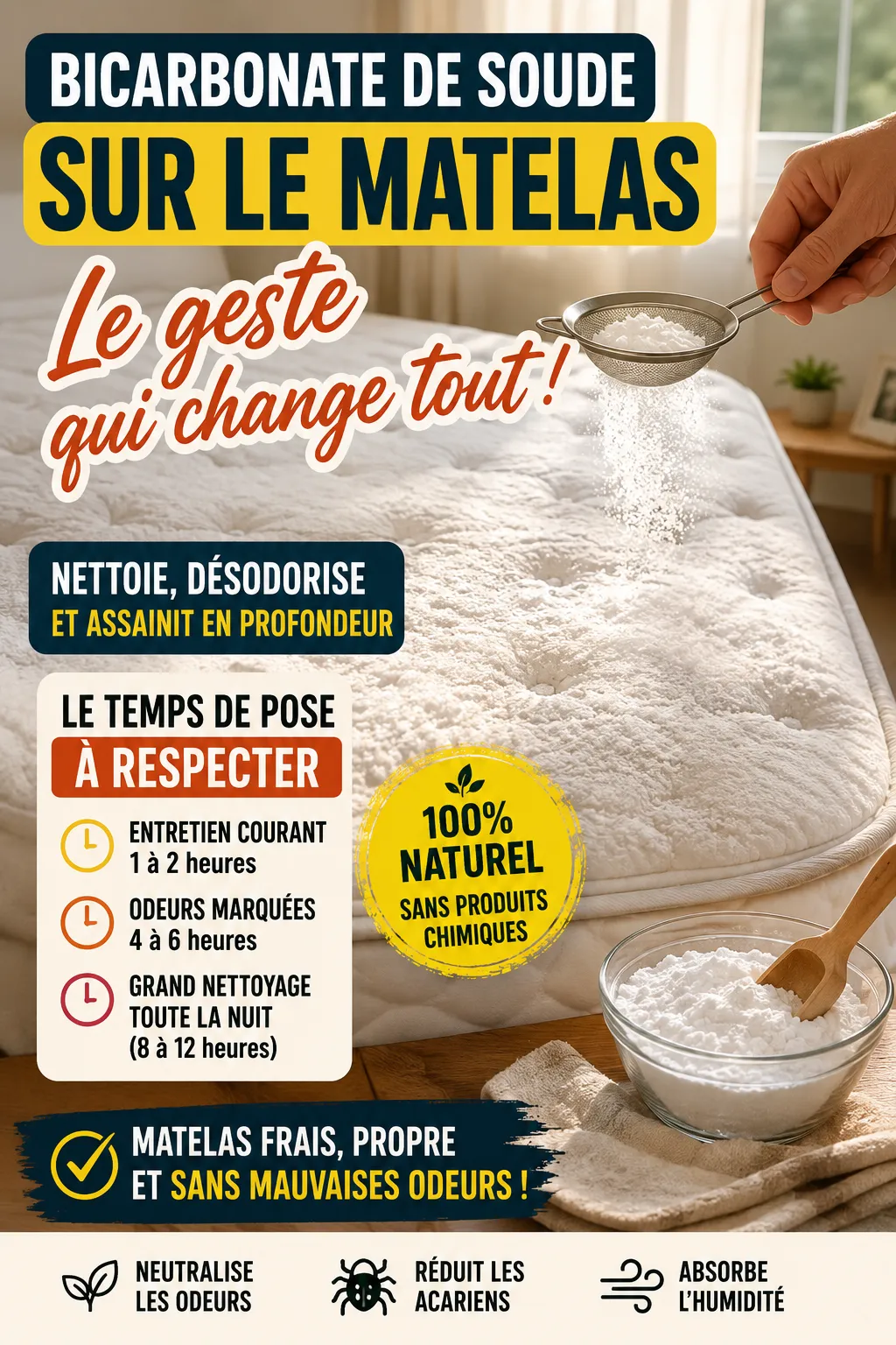 Mettre du bicarbonate de soude sur le matelas : le geste qui change tout et le temps de pose à respecter