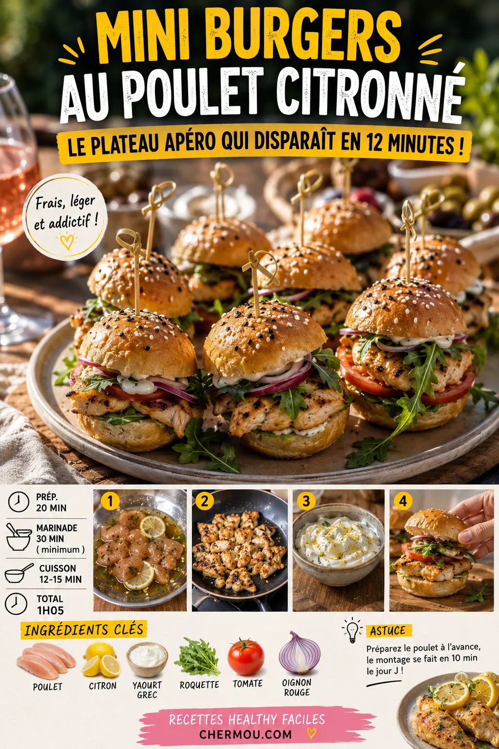 Mini burgers au poulet citronné — le plateau apéro qui disparaît en 12 minutes