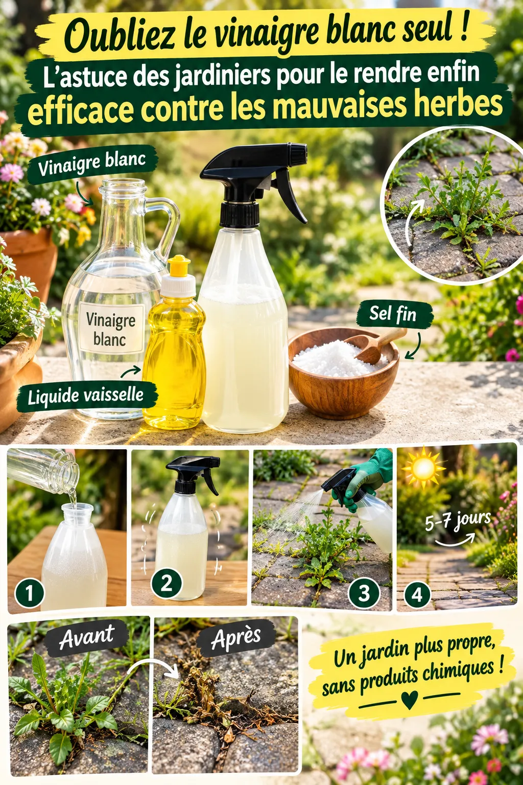 Oubliez le vinaigre blanc seul : l'astuce des jardiniers pour le rendre enfin efficace contre les mauvaises herbes