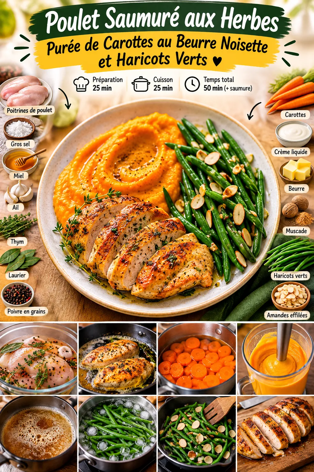 Poitrine de poulet saumurée aux herbes, purée de carottes au beurre noisette et haricots frais