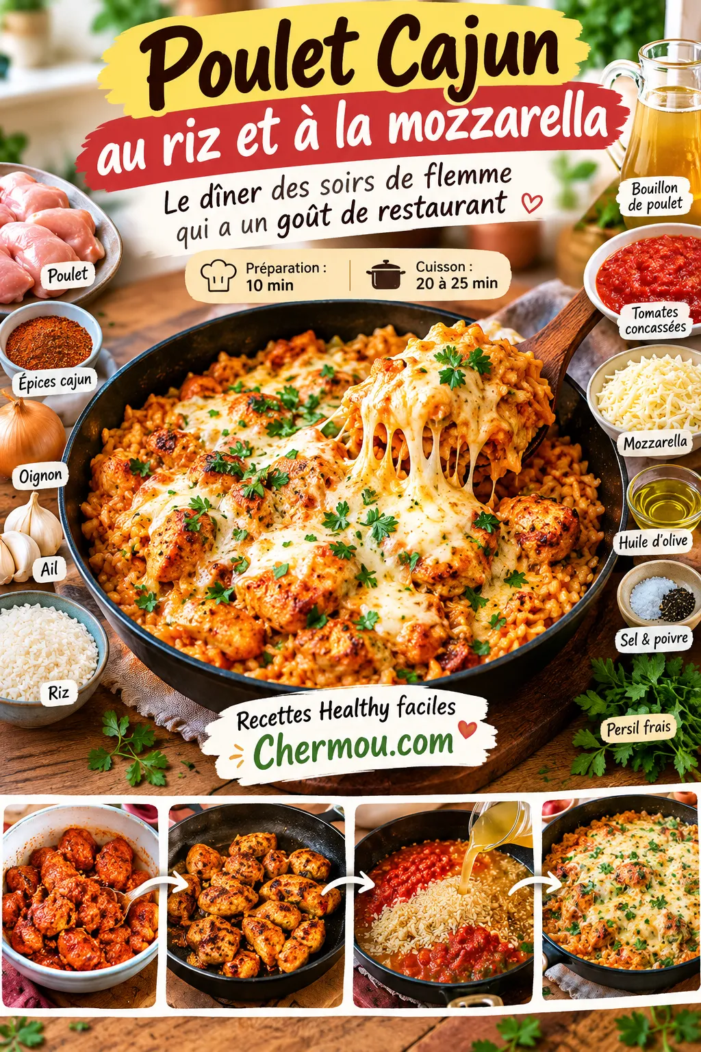 Poulet cajun au riz et à la mozzarella — le dîner des soirs de flemme qui a un goût de restaurant
