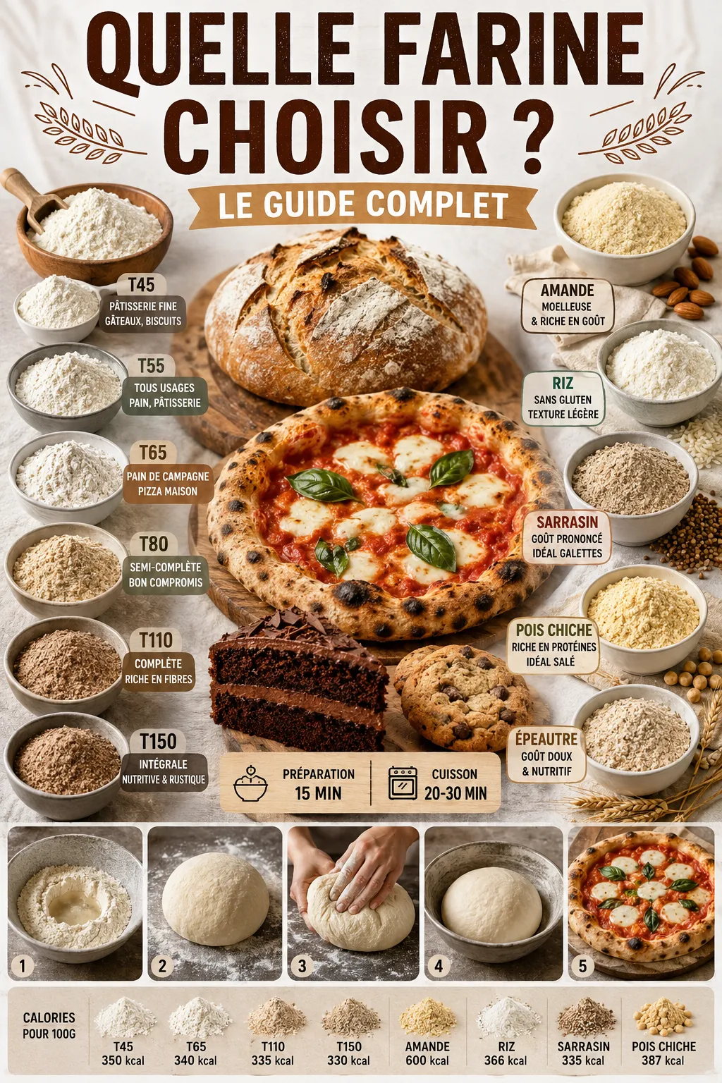 Quelle farine choisir ? Le guide complet (pizza, pain, gâteau, calories)