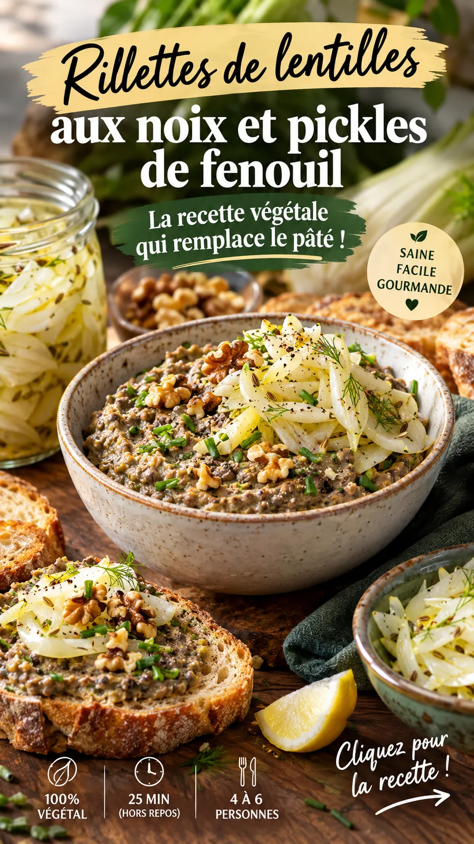 Rillettes de lentilles aux noix et pickles de fenouil : la recette végétale qui remplace le pâté