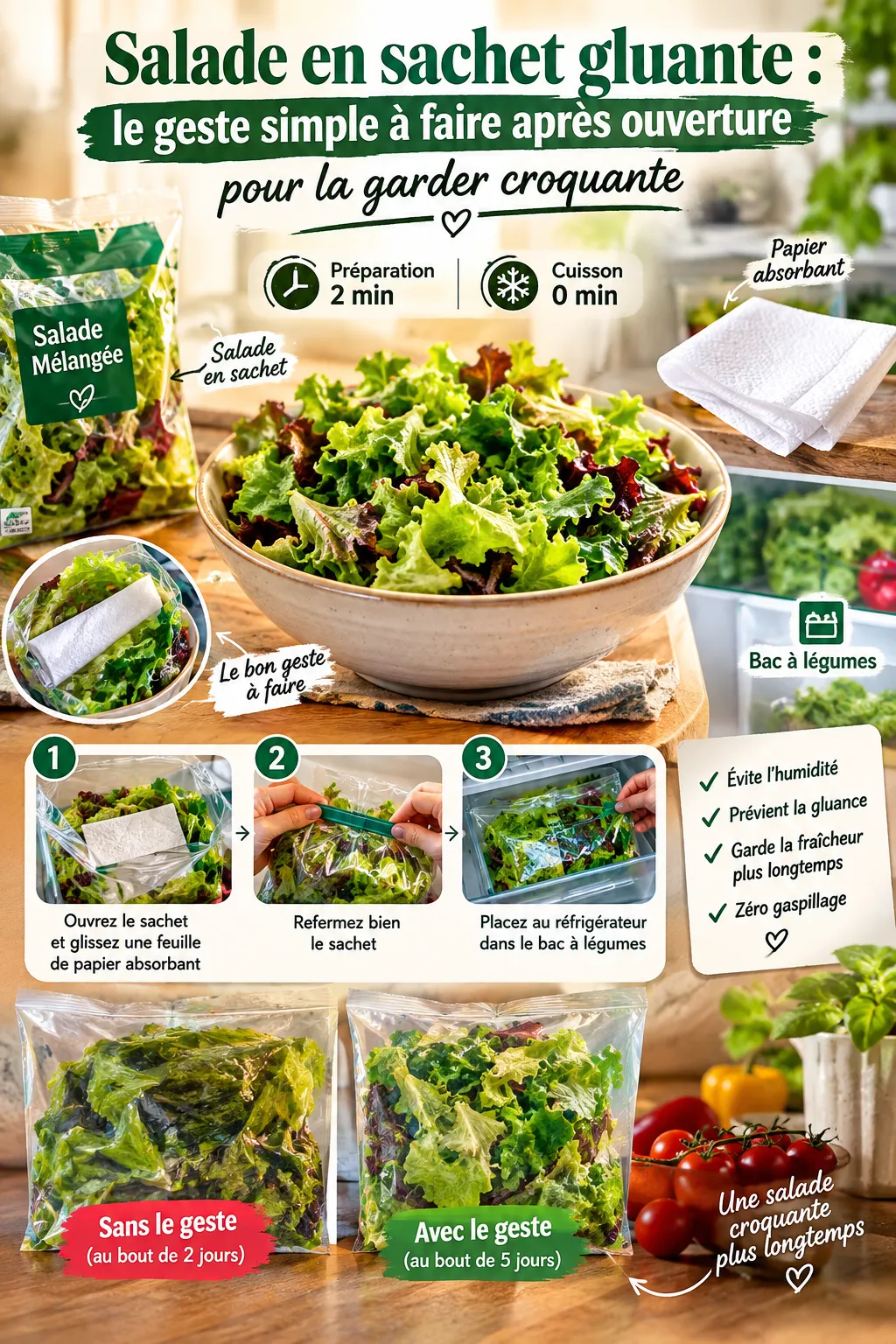 Salade en sachet gluante : le geste simple à faire après ouverture pour la garder croquante