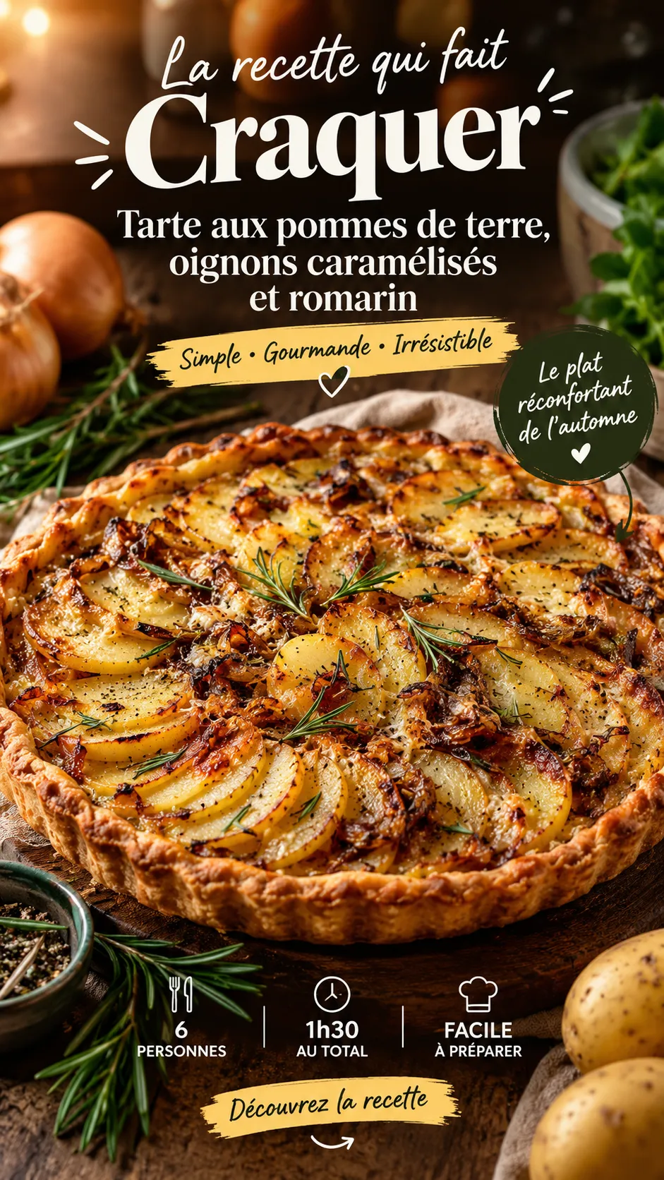 Tarte aux pommes de terre, oignons caramélisés et romarin — le plat réconfortant du moment