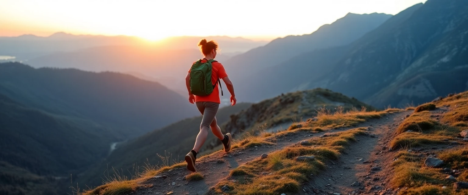 Voyageur heureux avec un petit sac à dos, marchant sur un sentier de montagne au coucher du soleil