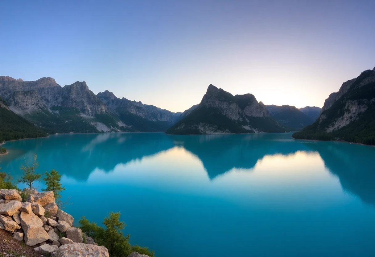 Vue panoramique du Lac de Sainte-Croix au coucher du soleil, eaux turquoise reflétant les falaises calcaires