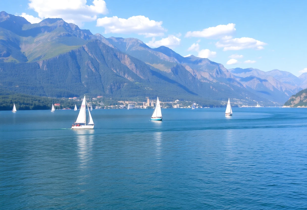 Voiliers naviguant sur le lac de Castillon avec montagnes en arrière-plan, ambiance ensoleillée