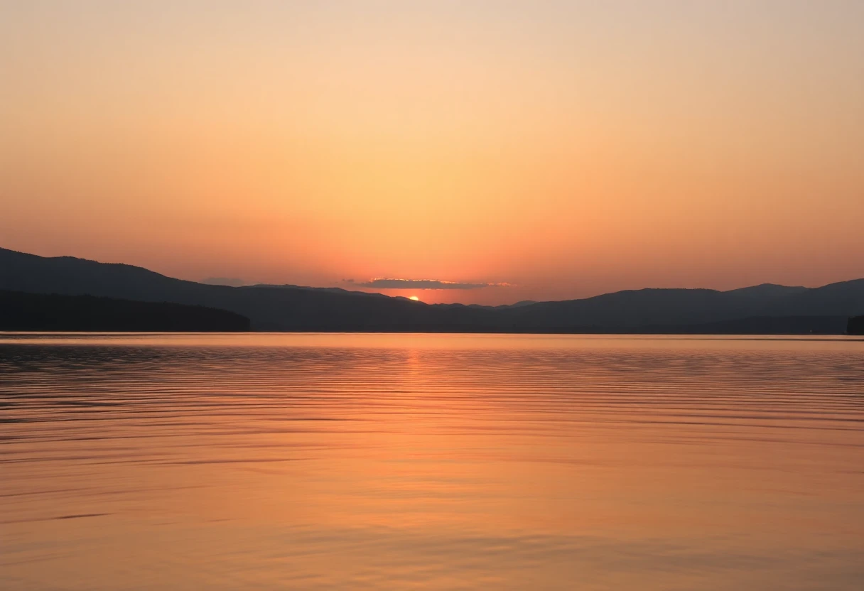 Coucher de soleil sur le lac de Chaudanne, reflets dorés sur l'eau calme