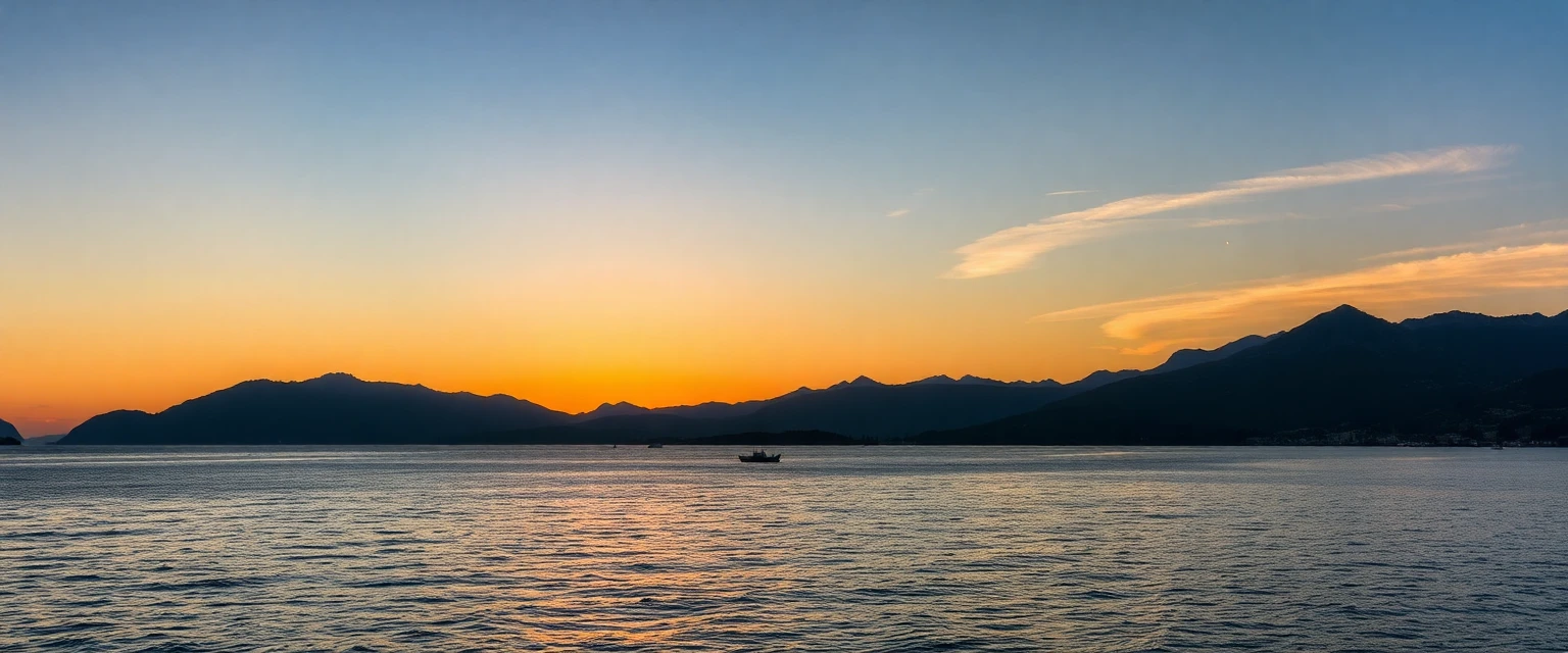 Vue panoramique sur le Golfe de Saint-Florent en Corse du Nord, coucher de soleil sur la mer avec montagnes en arrière-plan