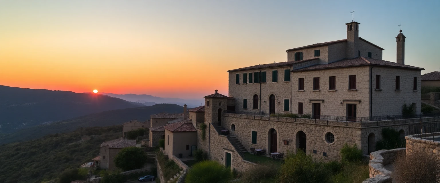 Village perché de Sant'Antonino au coucher du soleil, maisons en pierre traditionnelles