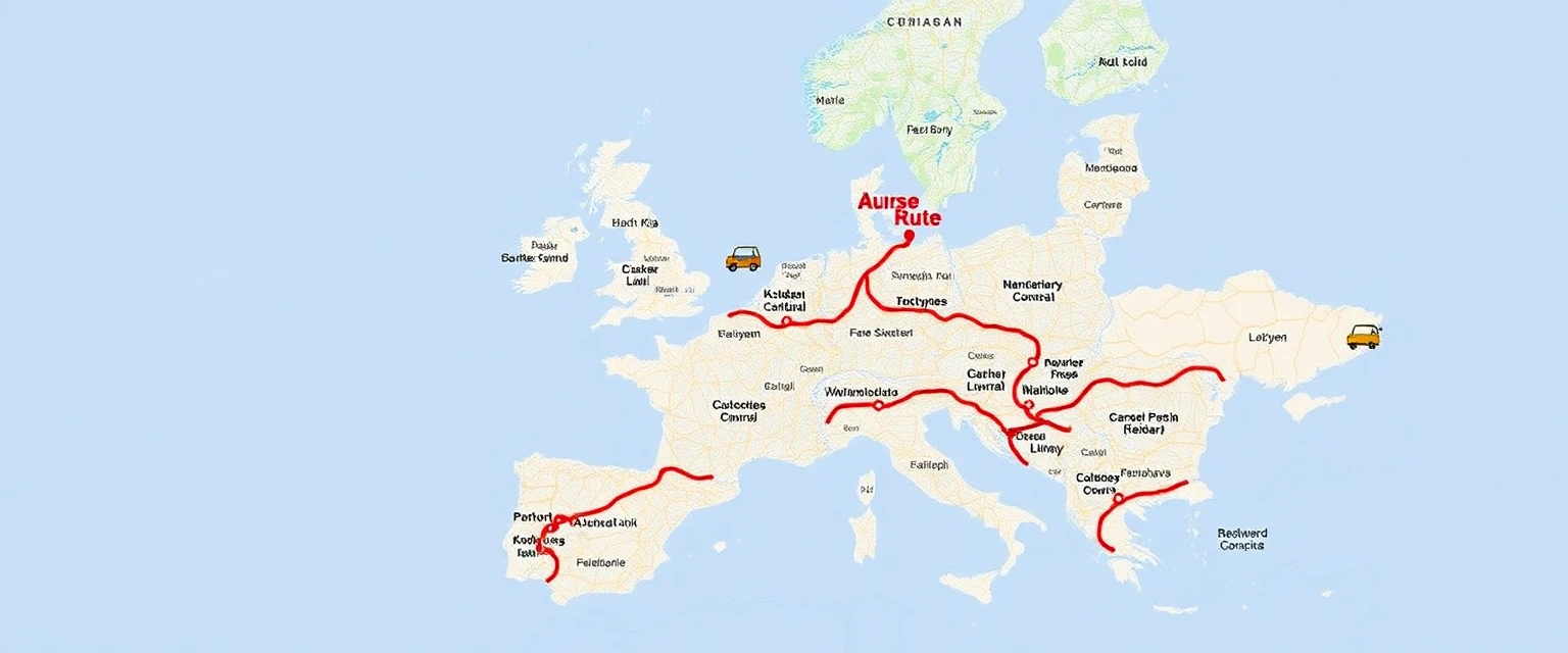 Carte colorée des itinéraires de road trip populaires en Europe