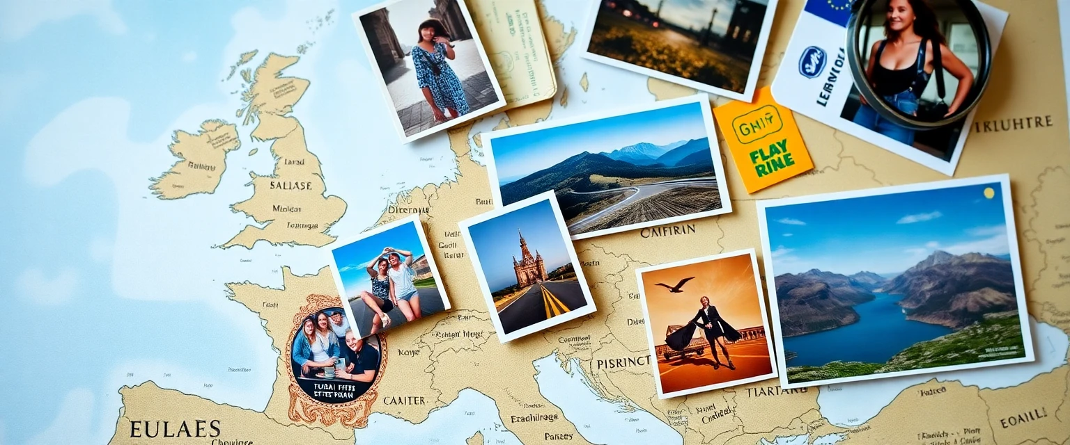 Collage de souvenirs de road trip : photos, tickets, cartes postales sur une carte d'Europe