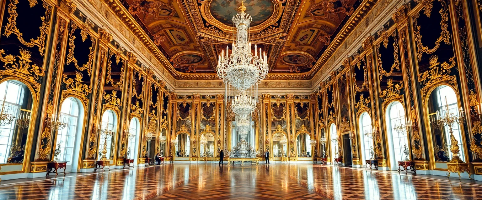 La Galerie des Glaces du château de Versailles, style photo haute résolution avec éclairage doré