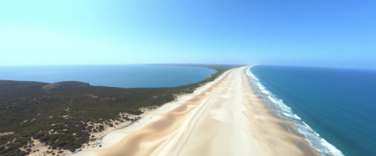 Plage de sable fin à Sérignan, vue aérienne montrant l'étendue de la côte, style photographie de drone